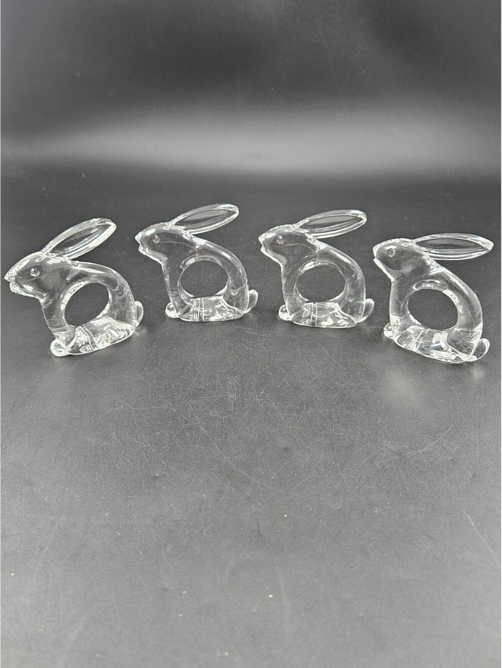 4 Bijan 1980 Clear Lucite Bunny Rabbit Napkin Rings MCM Woodland Table Decor